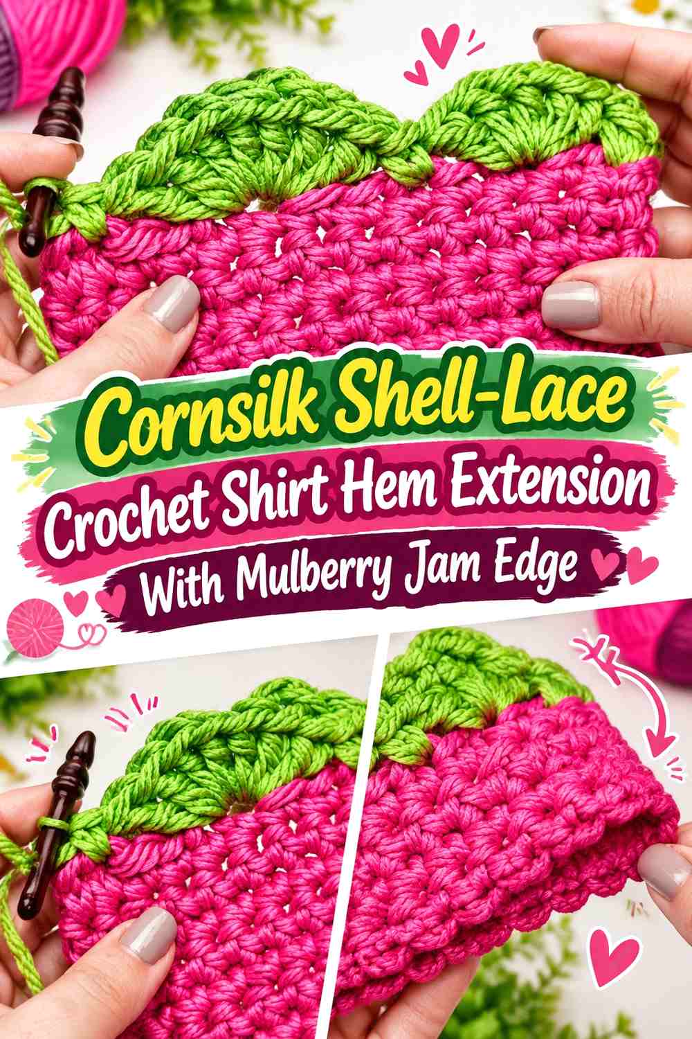 Cornsilk Shell-Lace Crochet Shirt Hem Extension With Mulberry Jam Edge