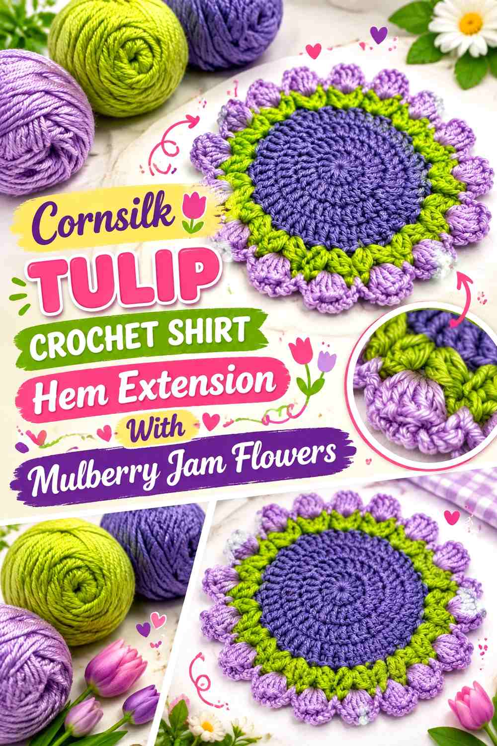 Cornsilk Tulip Crochet Shirt Hem Extension With Mulberry Jam Flowers