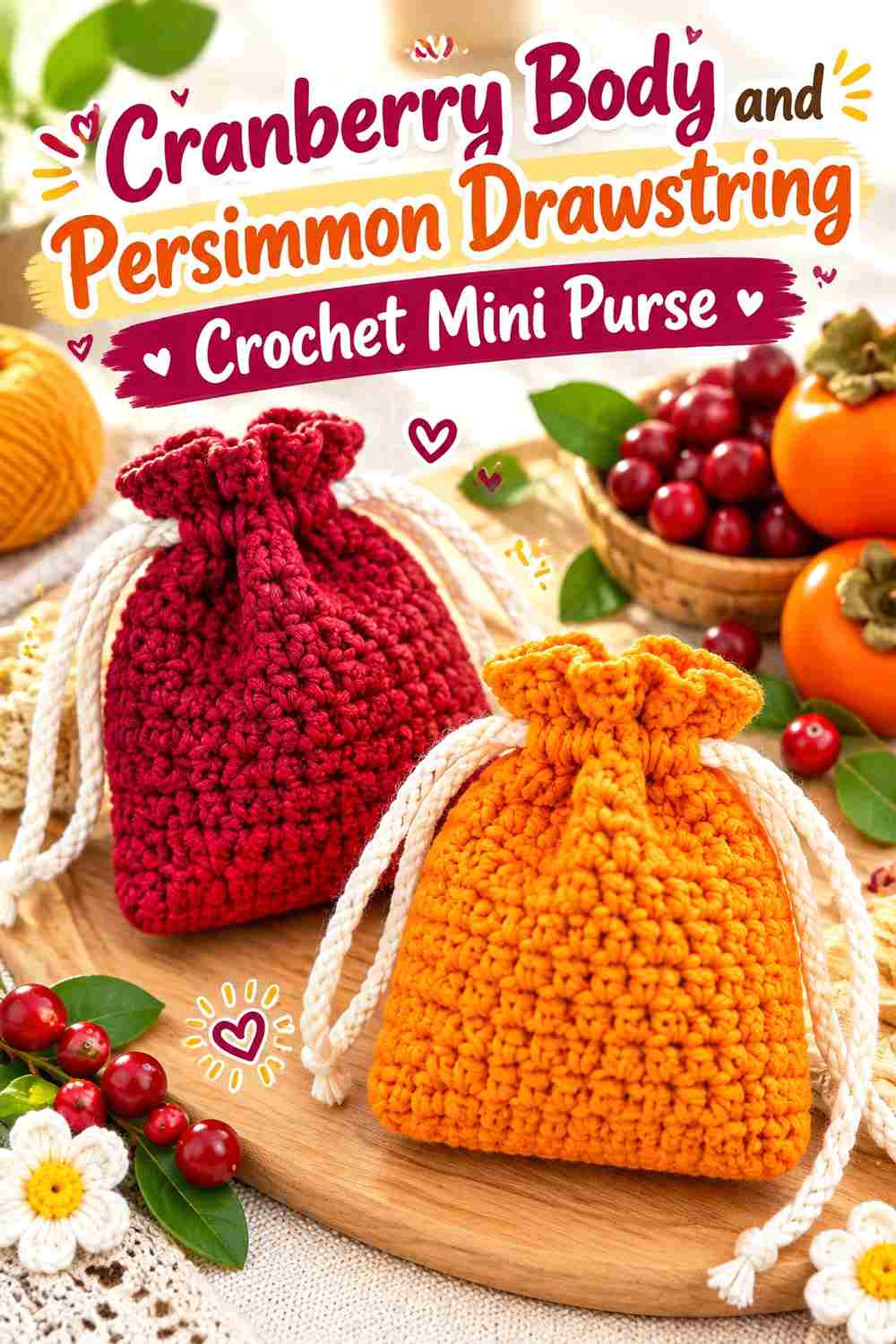 2. Cranberry Body And Persimmon Drawstring Crochet Mini Purse