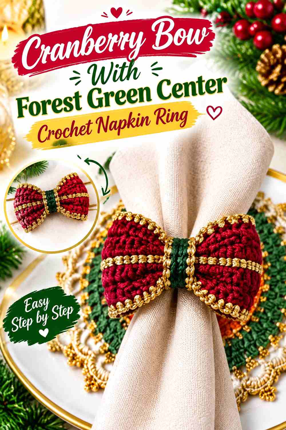 11. Cranberry Bow With Forest Green Center Crochet Napkin Ring