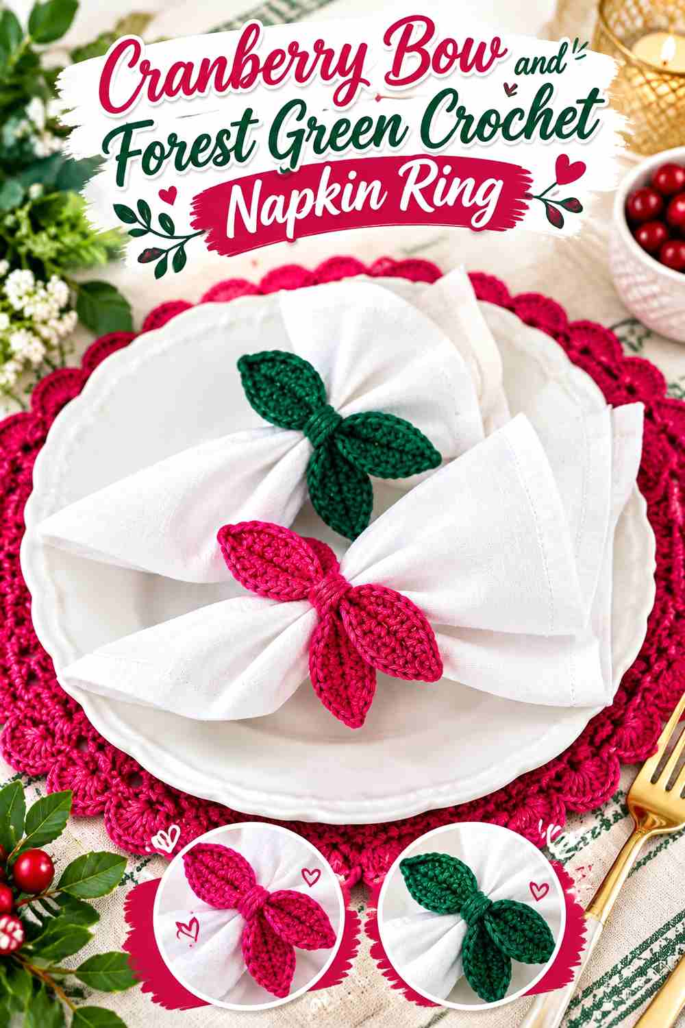 3. Cranberry Bow And Forest Green Crochet Napkin Ring