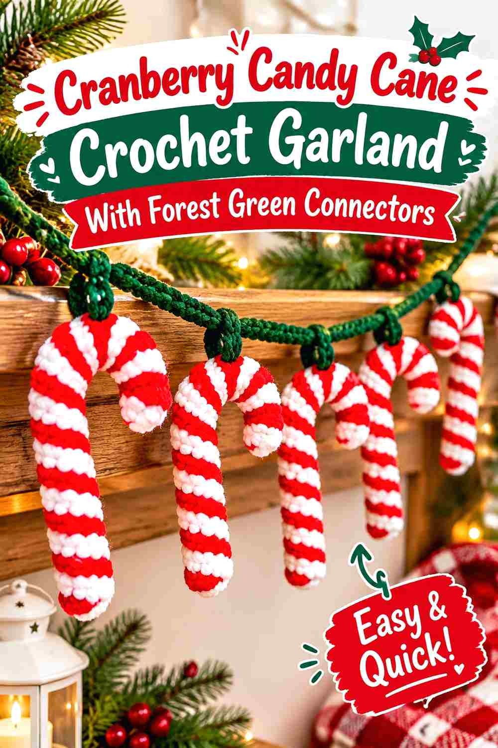 10. Cranberry Candy Cane Crochet Garland With Forest Green Connectors