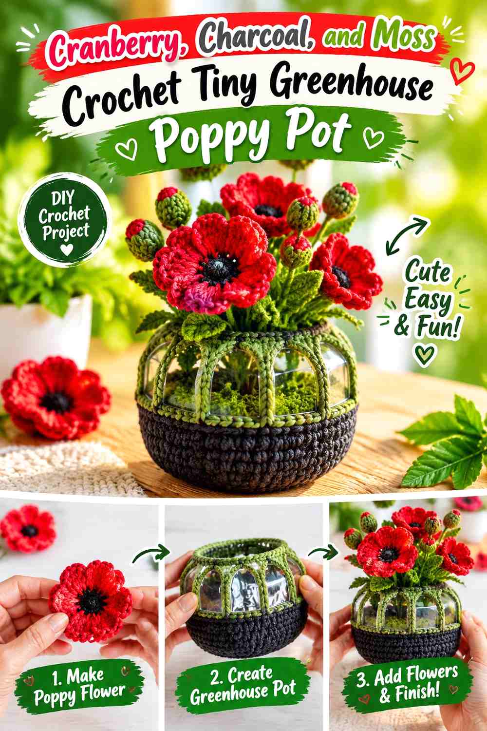 Cranberry, Charcoal, and Moss Crochet Tiny Greenhouse Poppy Pot