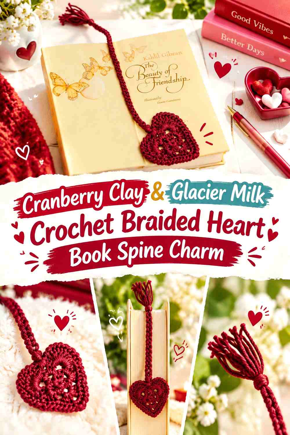 Cranberry Clay & Glacier Milk Crochet Braided Heart Book Spine Charm