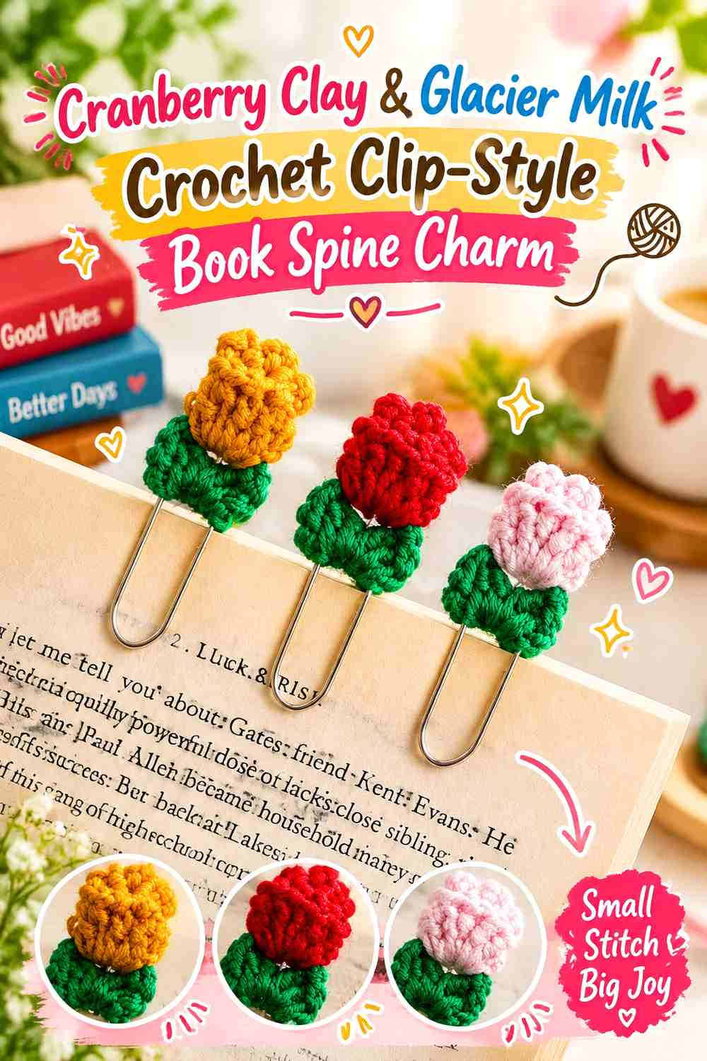 Cranberry Clay & Glacier Milk Crochet Clip-Style Book Spine Charm