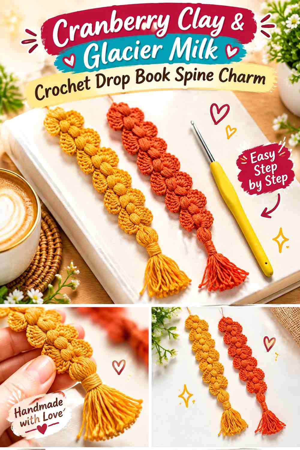 Cranberry Clay & Glacier Milk Crochet Drop Book Spine Charm