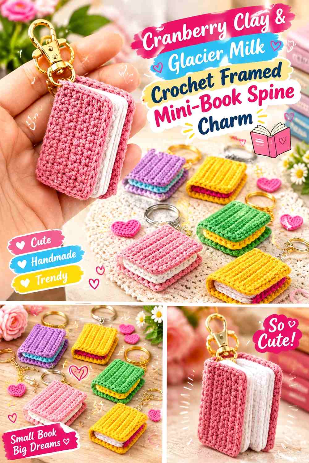 Cranberry Clay & Glacier Milk Crochet Framed Mini-Book Spine Charm