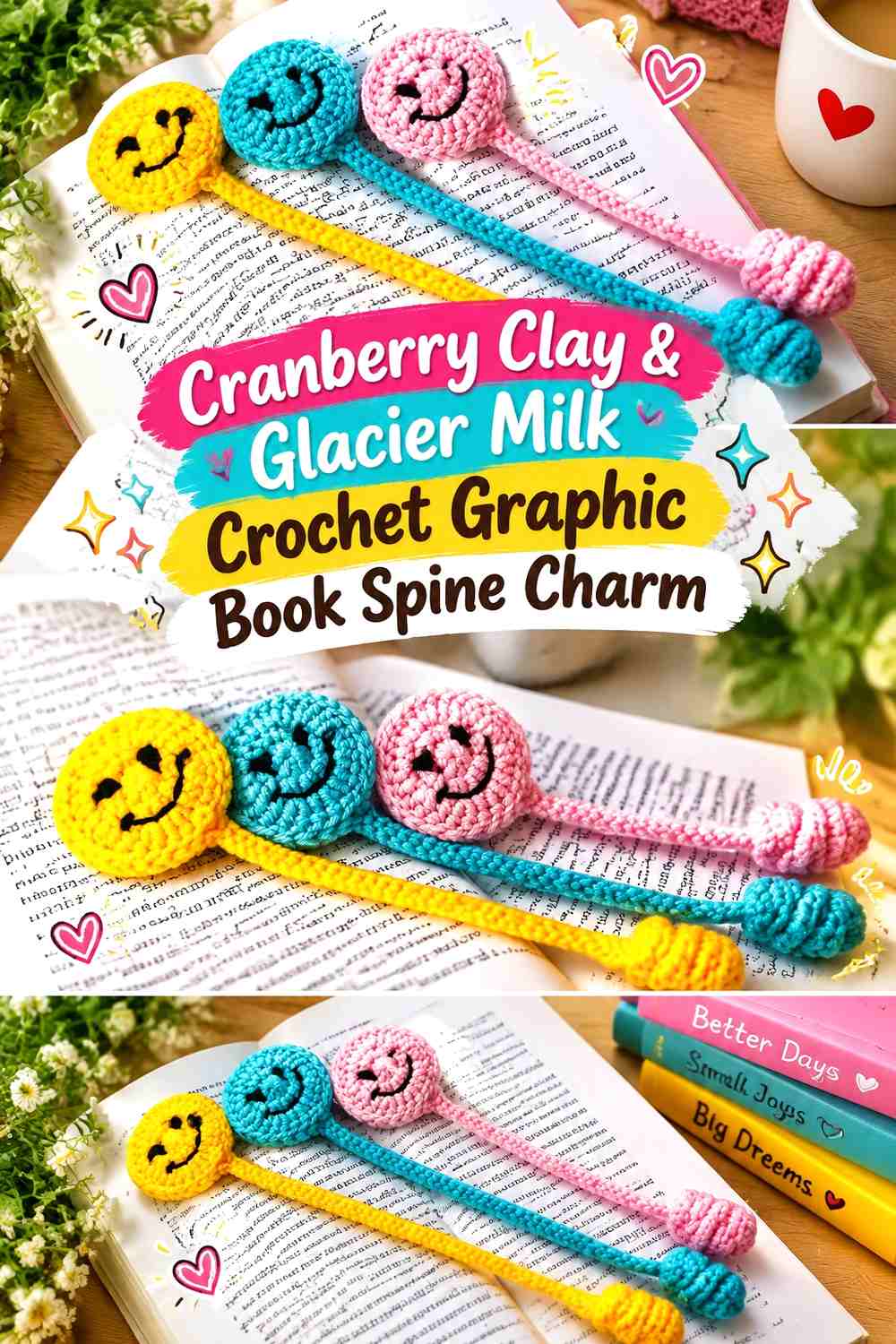 Cranberry Clay & Glacier Milk Crochet Graphic Book Spine Charm