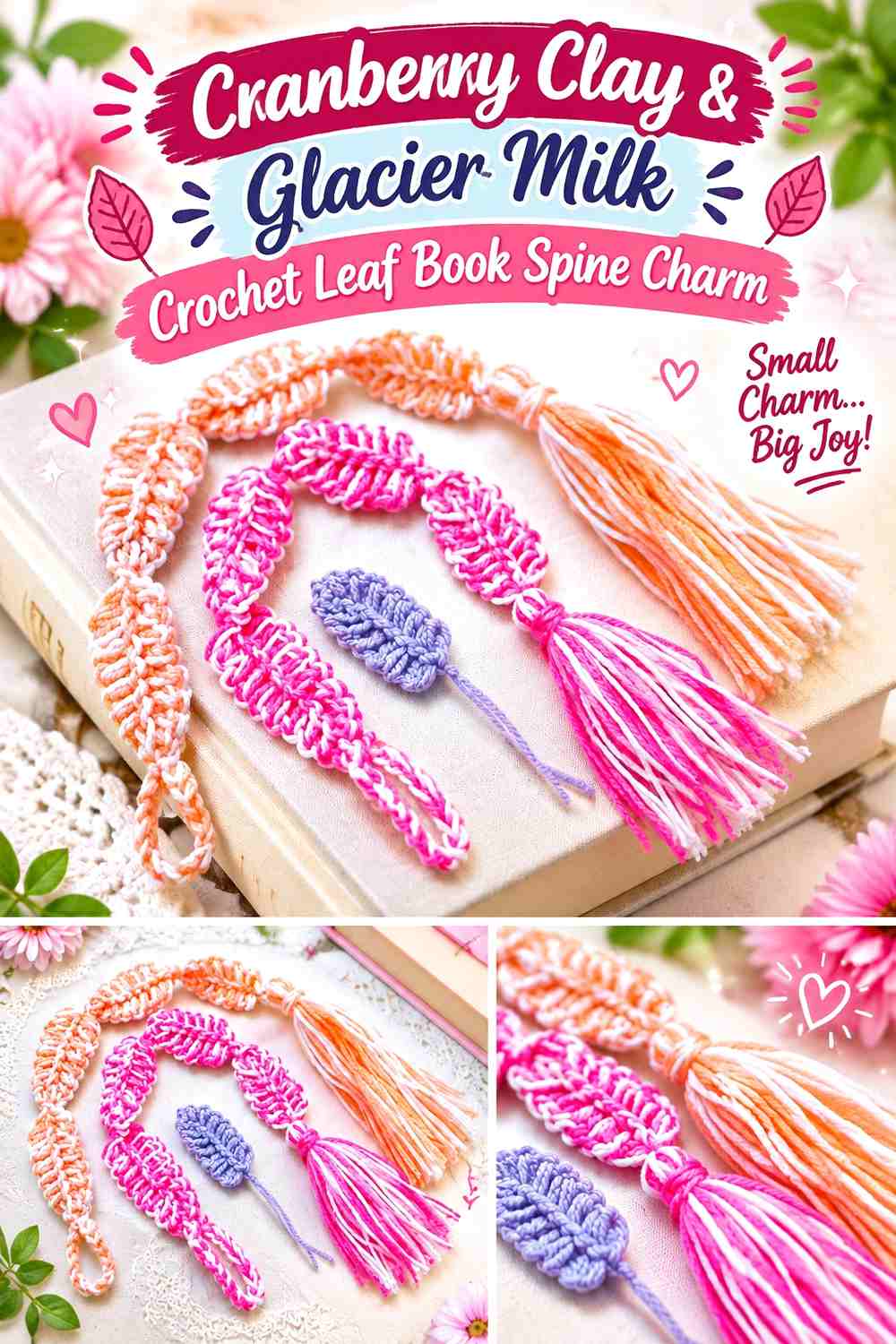 Cranberry Clay & Glacier Milk Crochet Leaf Book Spine Charm