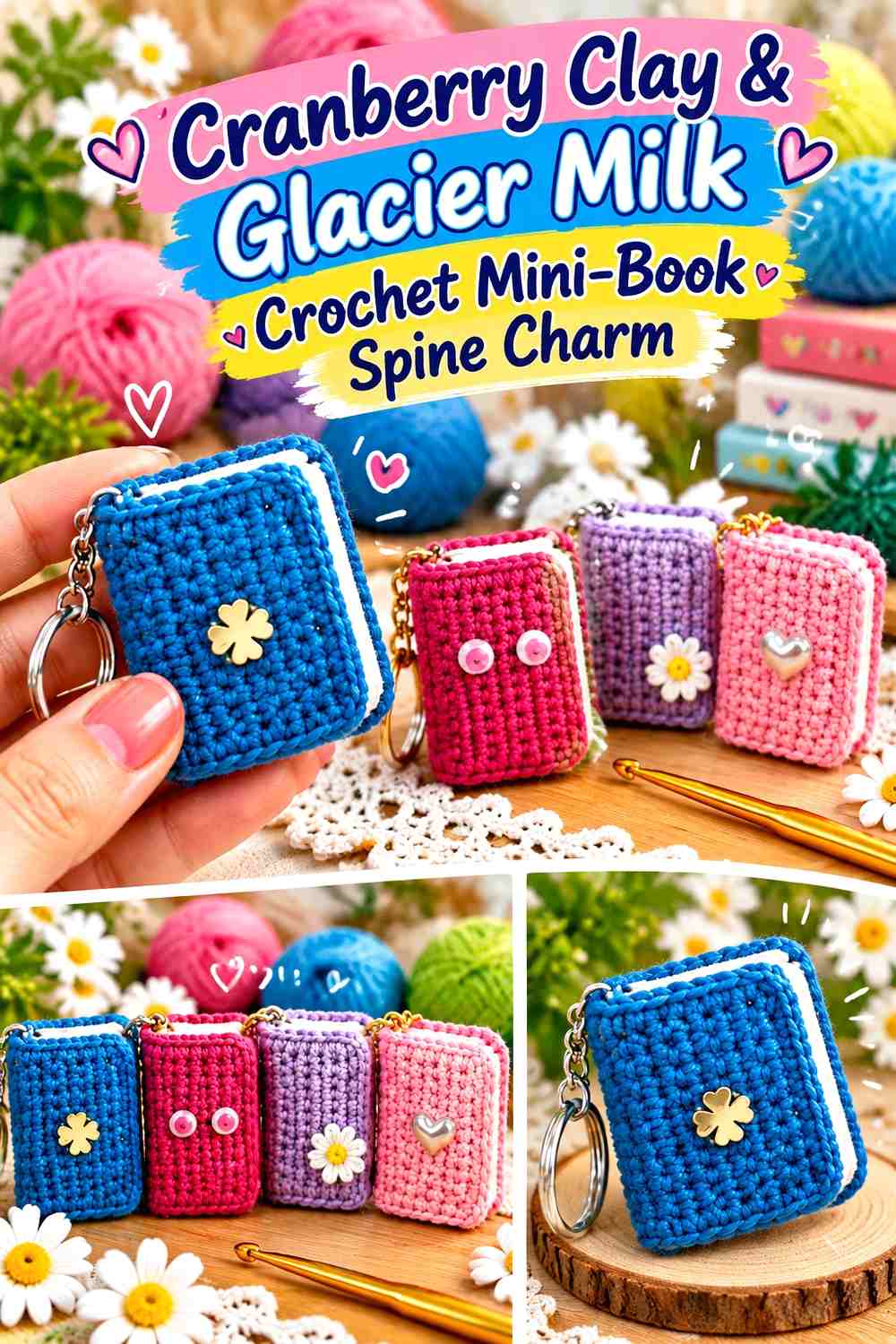 Cranberry Clay & Glacier Milk Crochet Mini-Book Spine Charm