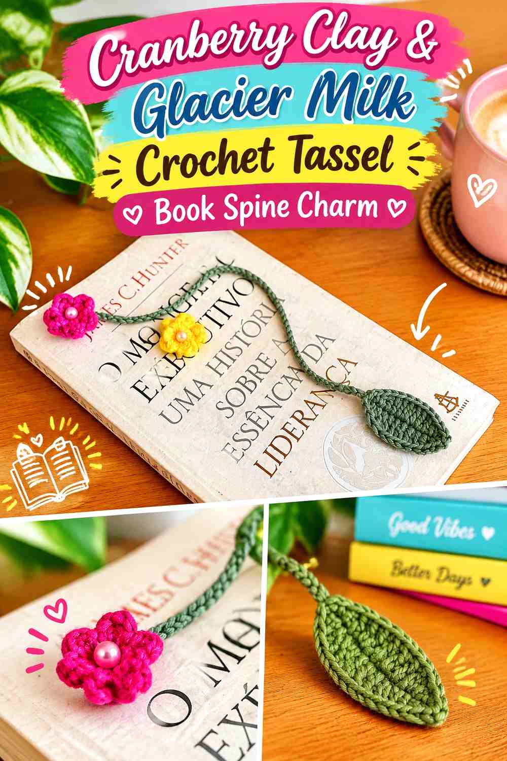 Cranberry Clay & Glacier Milk Crochet Tassel Book Spine Charm