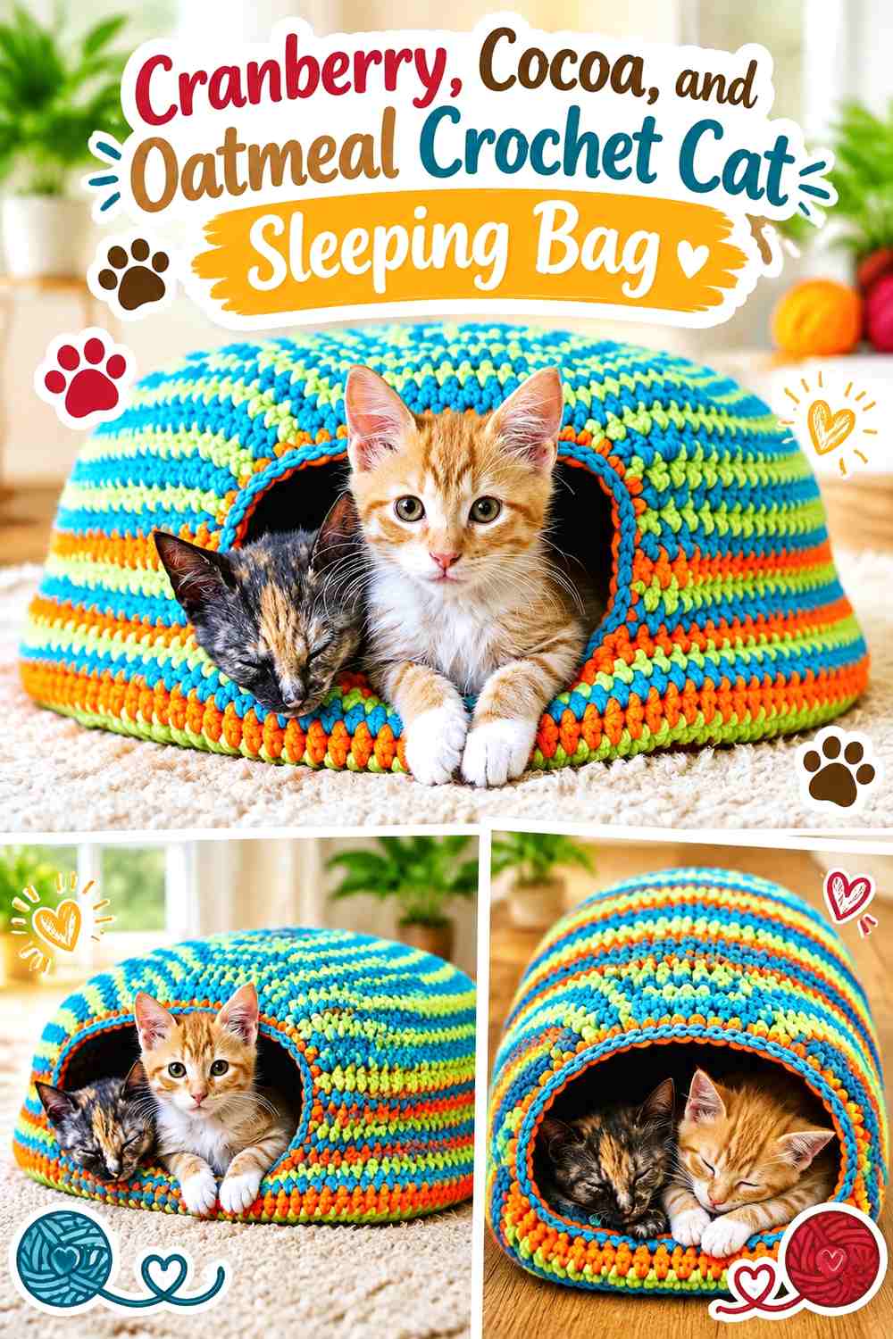 Cranberry, Cocoa, and Oatmeal Crochet Cat Sleeping Bag