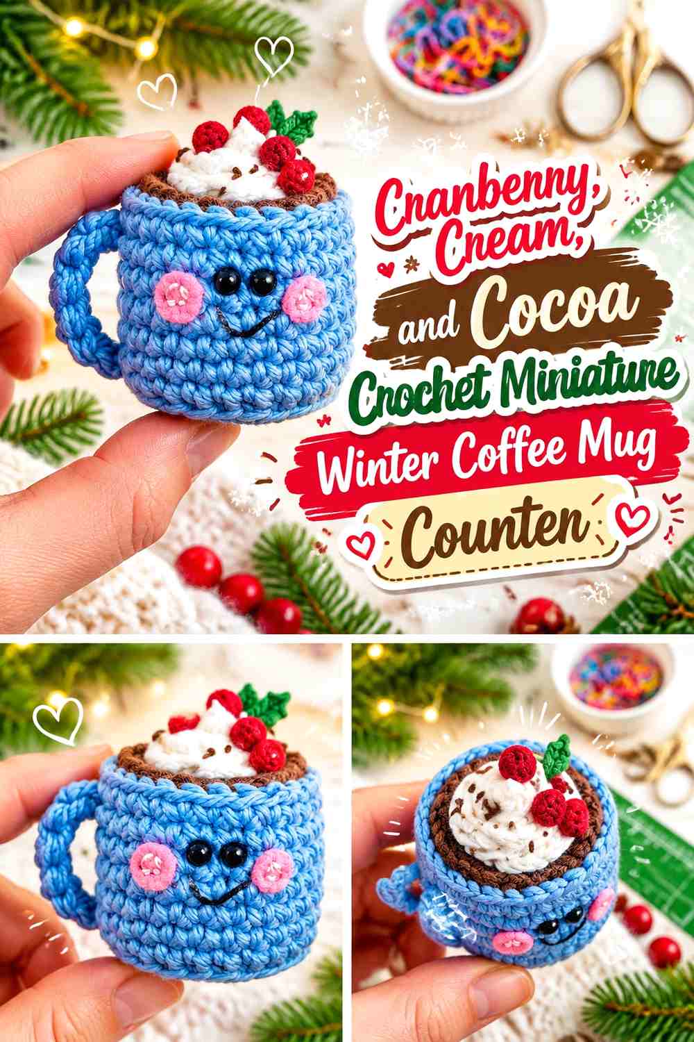 Cranberry, Cream, and Cocoa Crochet Miniature Winter Coffee Mug Counter
