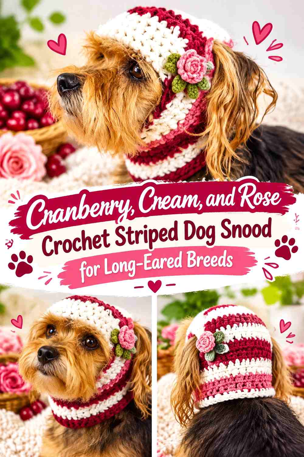 Cranberry, Cream, and Rose Crochet Striped Dog Snood for Long-Eared Breeds