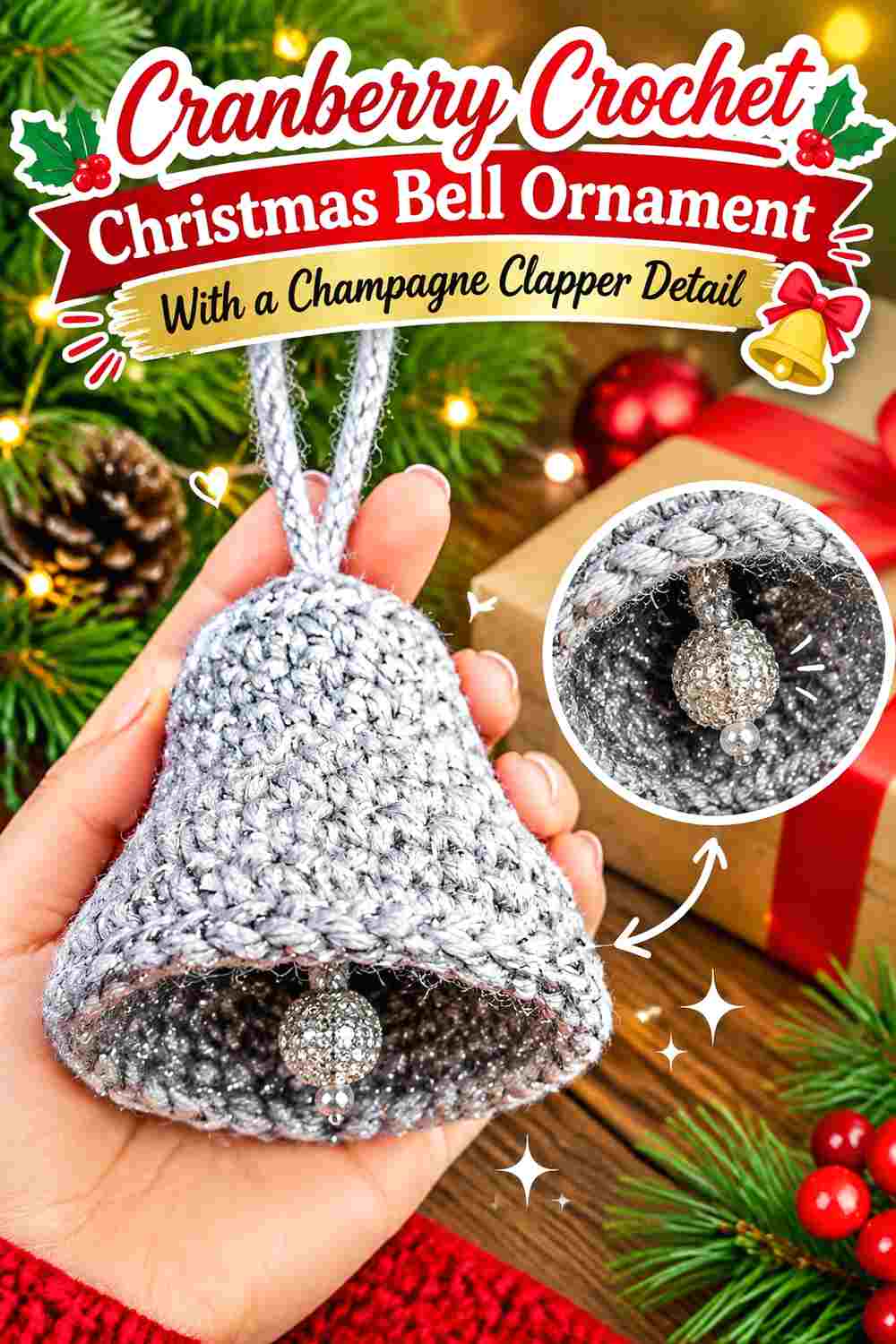 10. Cranberry Crochet Christmas Bell Ornament With A Champagne Clapper Detail