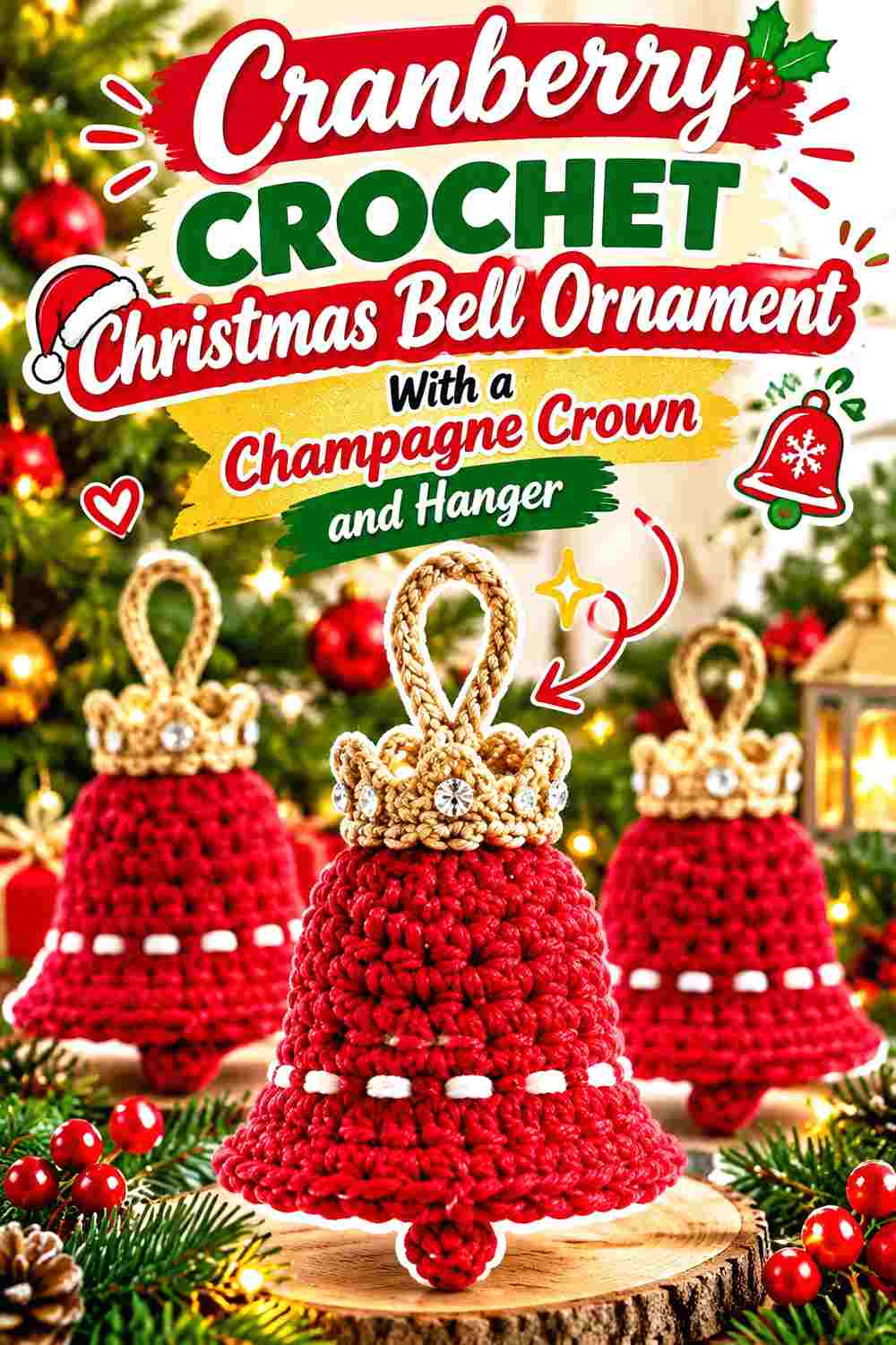5. Cranberry Crochet Christmas Bell Ornament With A Champagne Crown And Hanger