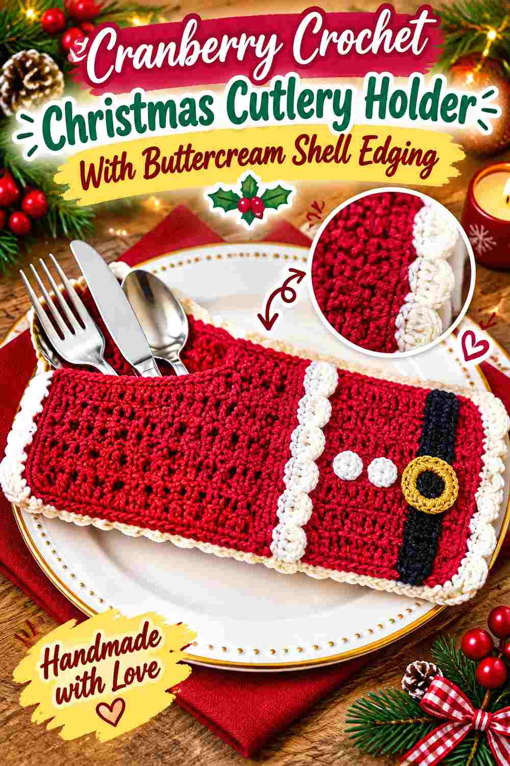 4. Cranberry Crochet Christmas Cutlery Holder With Buttercream Shell Edging