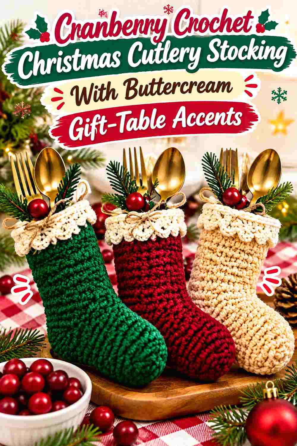 13. Cranberry Crochet Christmas Cutlery Stocking With Buttercream Gift Table Accents