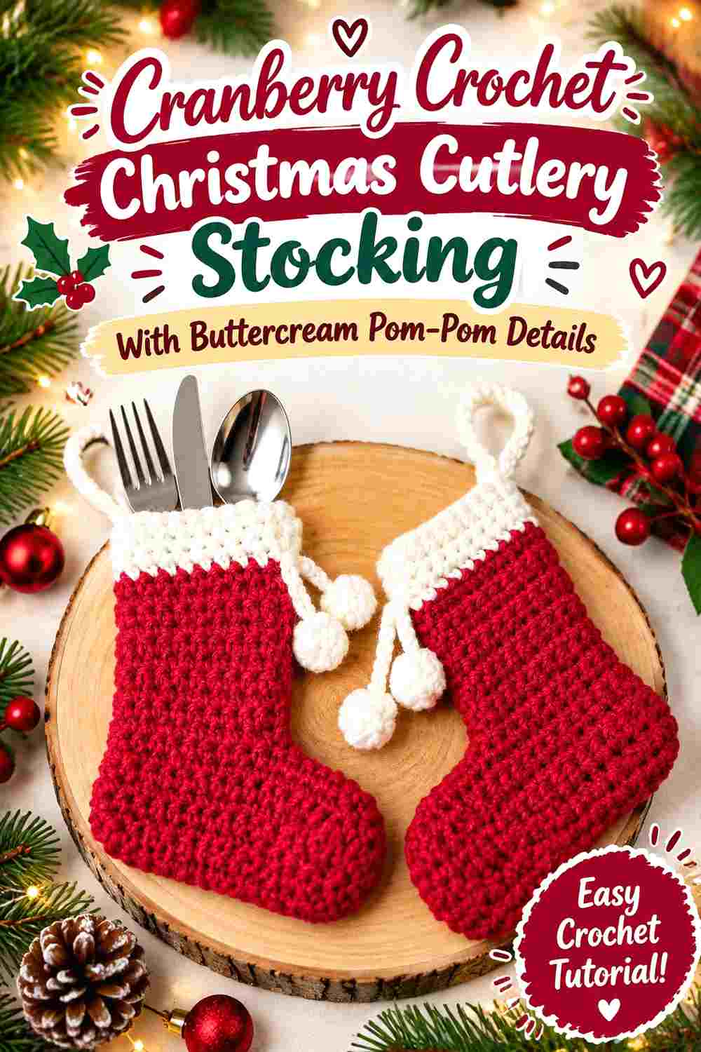7. Cranberry Crochet Christmas Cutlery Stocking With Buttercream Pom Pom Details
