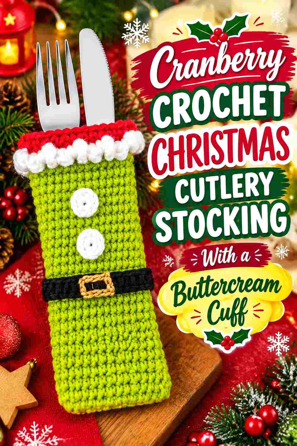 1. Cranberry Crochet Christmas Cutlery Stocking With A Buttercream Cuff
