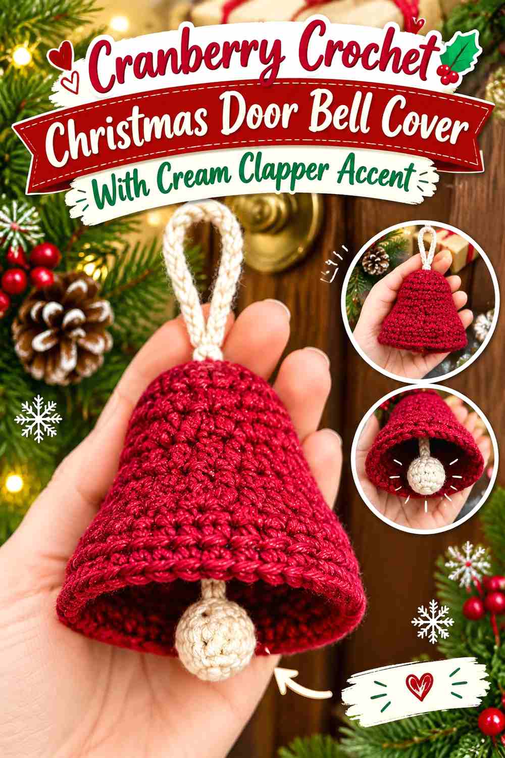 10. Cranberry Crochet Christmas Door Bell Cover With Cream Clapper Accent