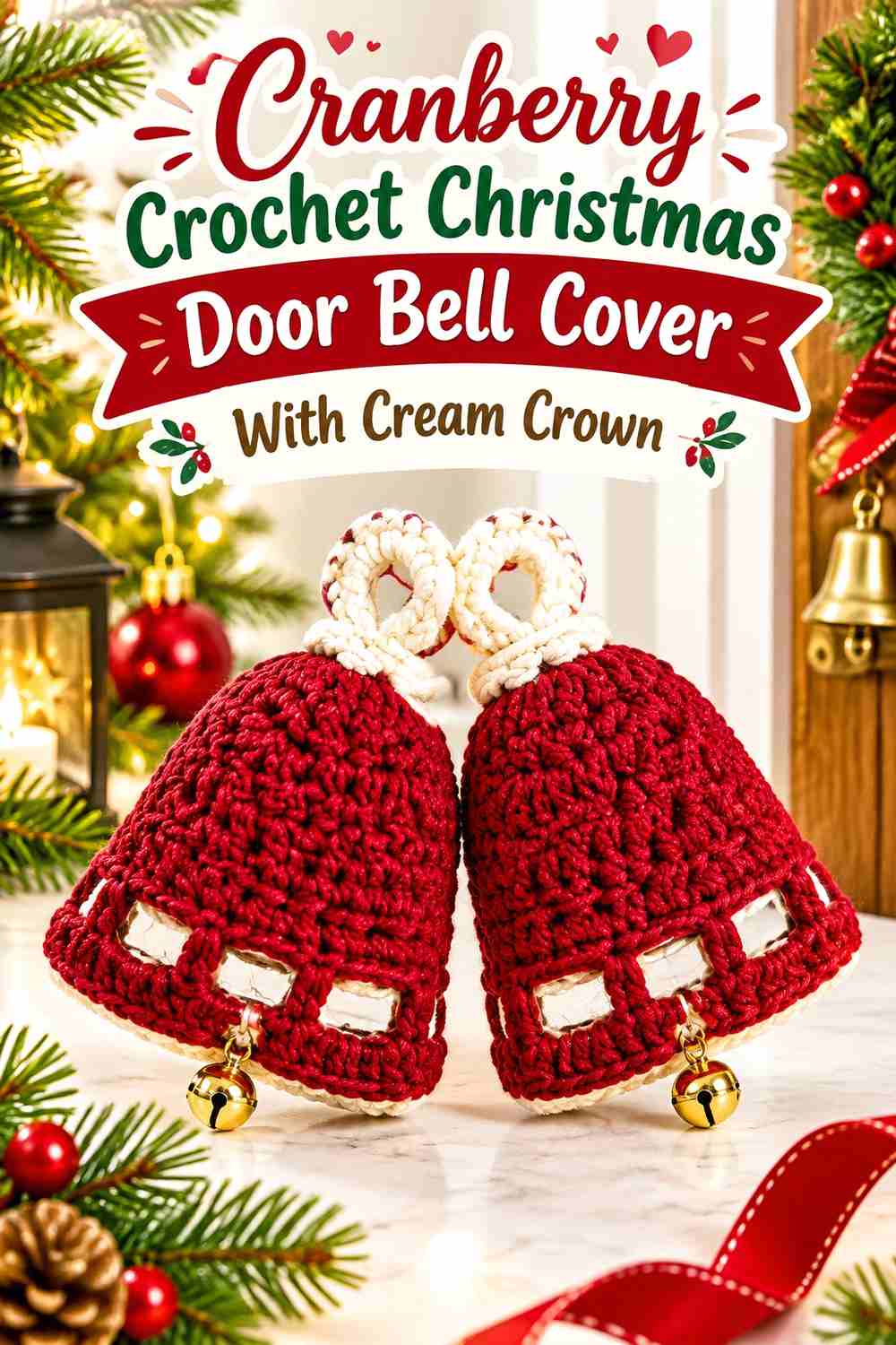4. Cranberry Crochet Christmas Door Bell Cover With Cream Crown