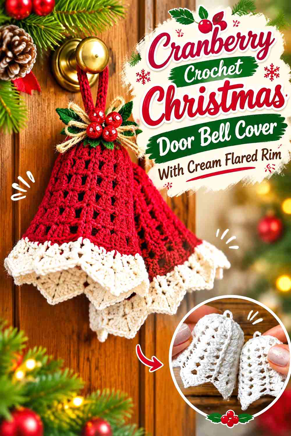 1. Cranberry Crochet Christmas Door Bell Cover With Cream Flared Rim