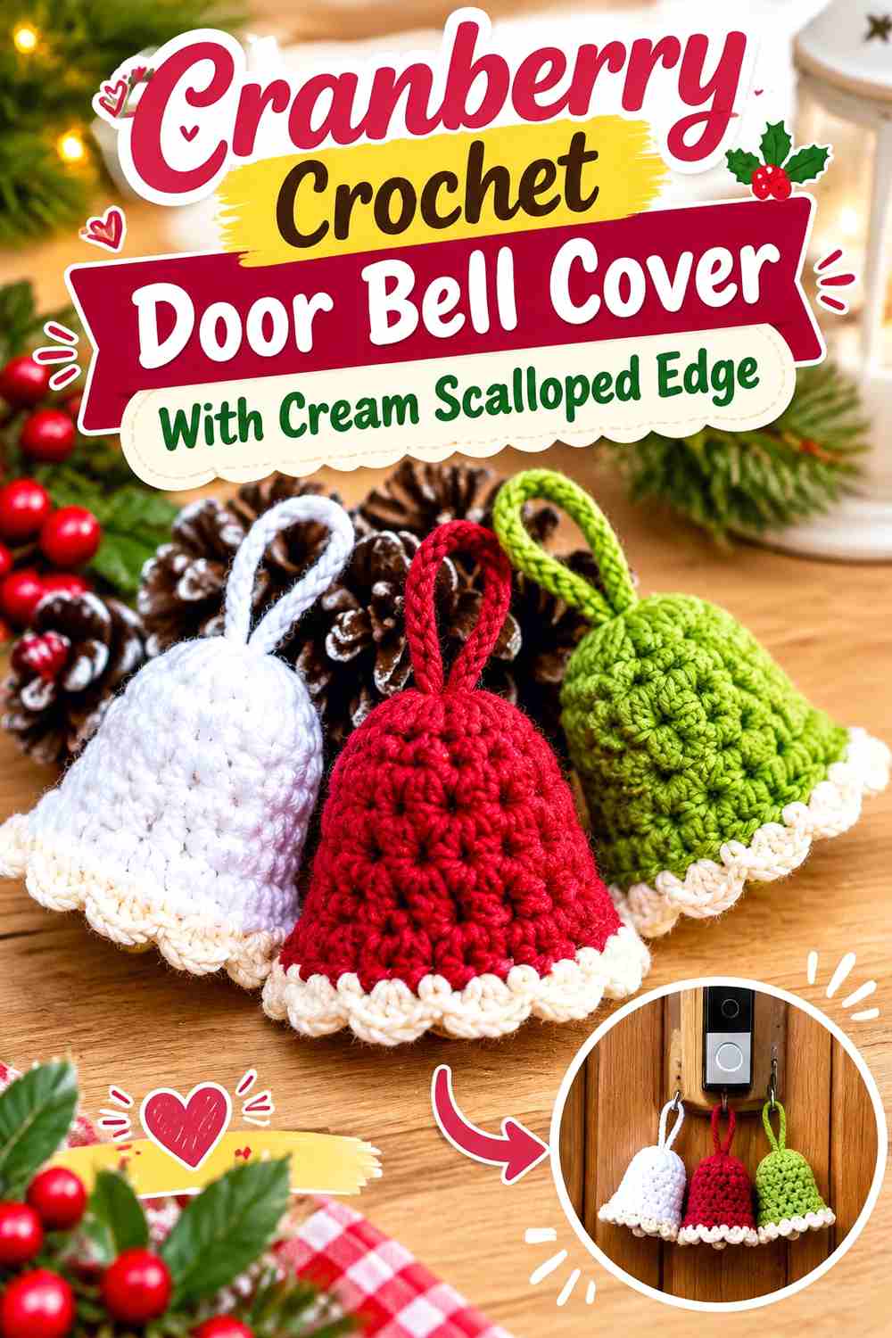 6. Cranberry Crochet Door Bell Cover With Cream Scalloped Edge