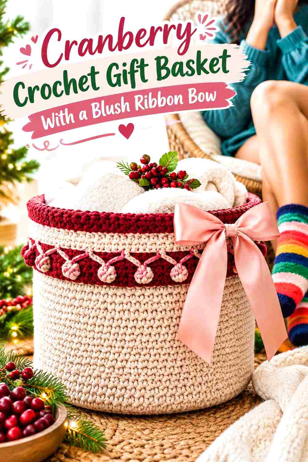 1. Cranberry Crochet Gift Basket With A Blush Ribbon Bow