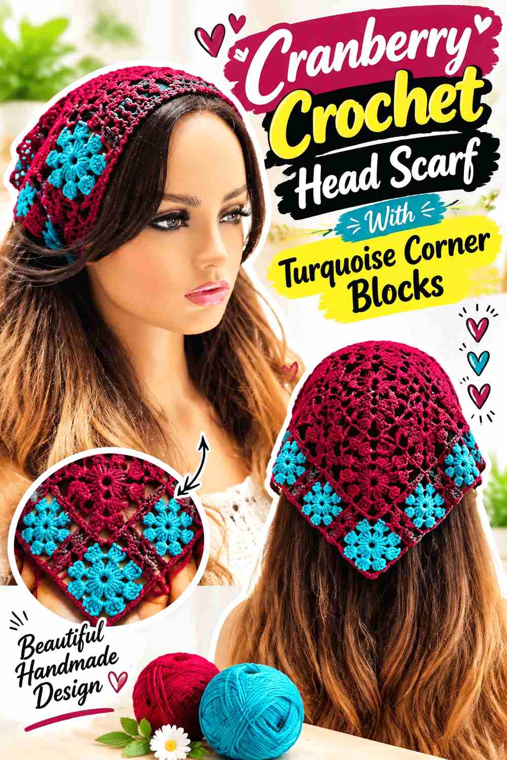 5. Cranberry Crochet Head Scarf With Turquoise Corner Blocks