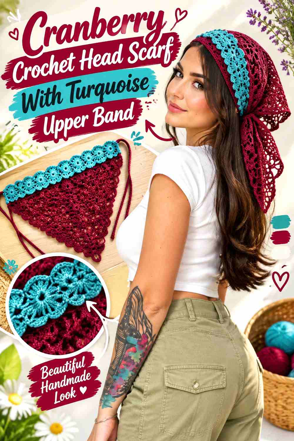 17. Cranberry Crochet Head Scarf With Turquoise Upper Band