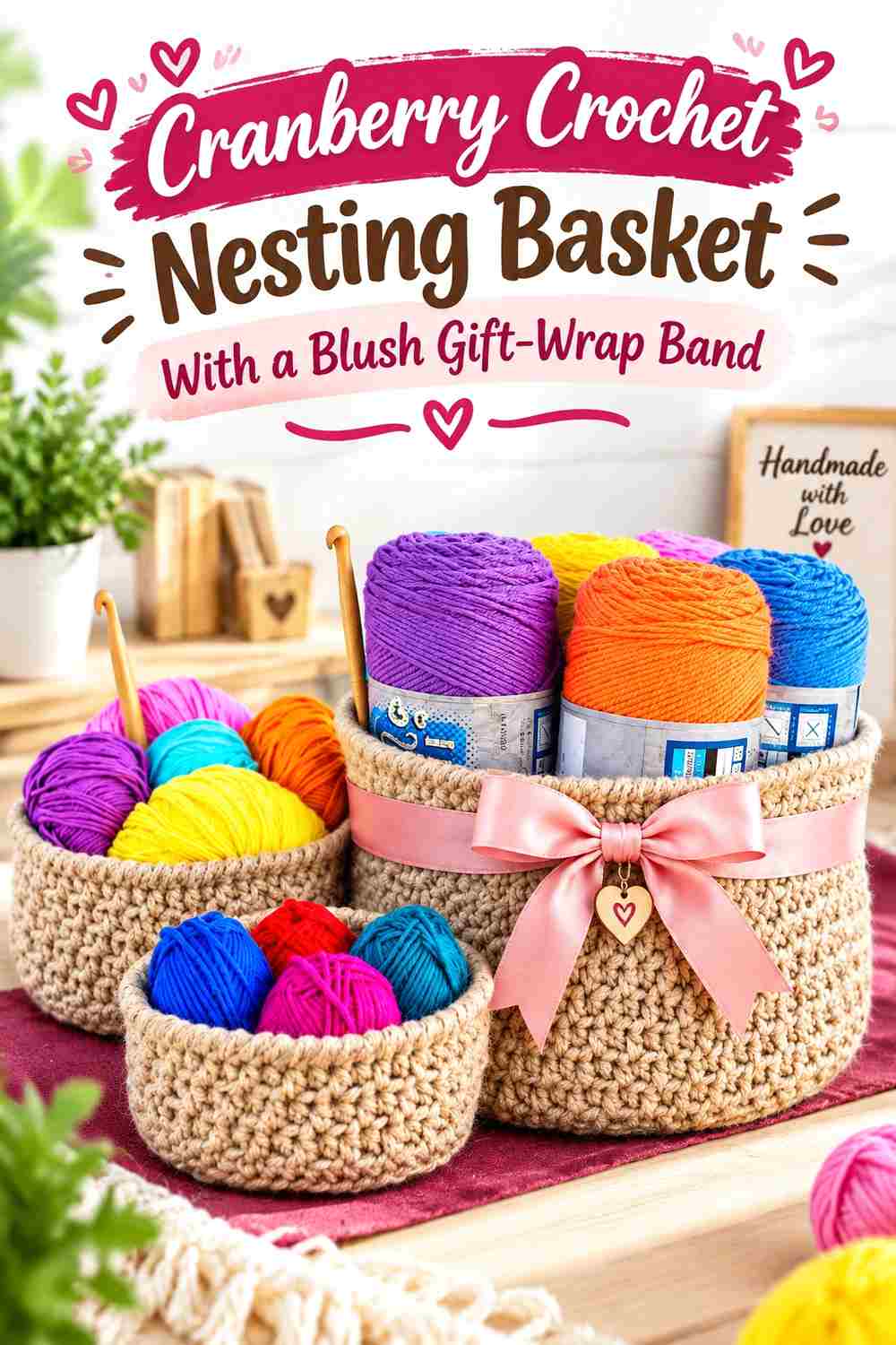 4. Cranberry Crochet Nesting Basket With A Blush Gift Wrap Band