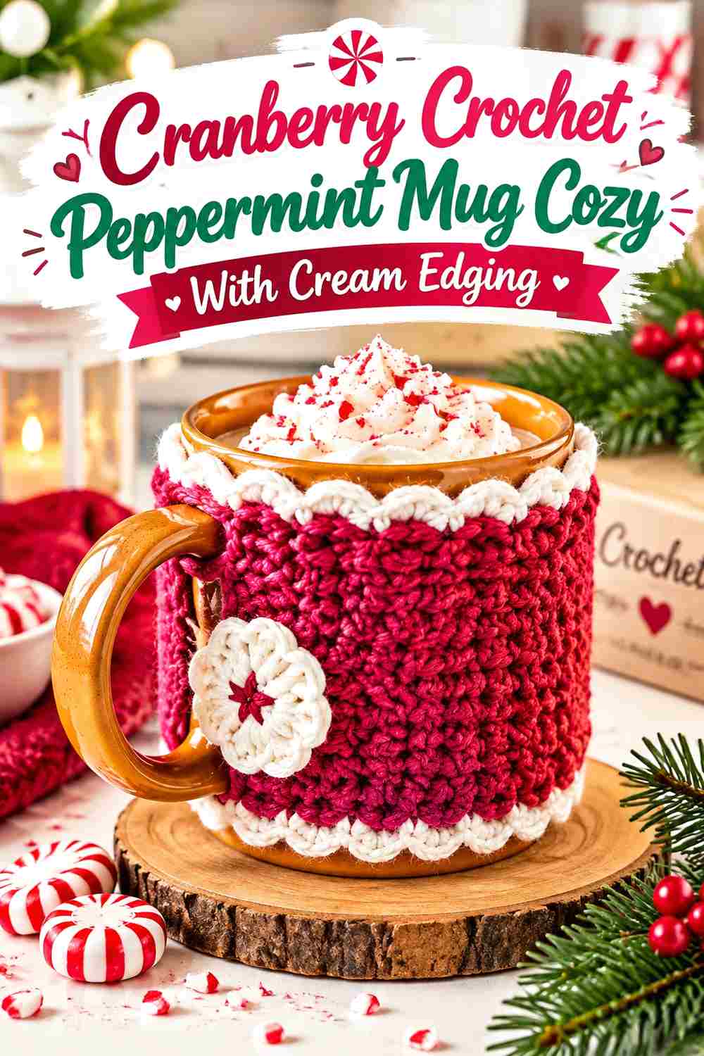 1. Cranberry Crochet Peppermint Mug Cozy With Cream Edging