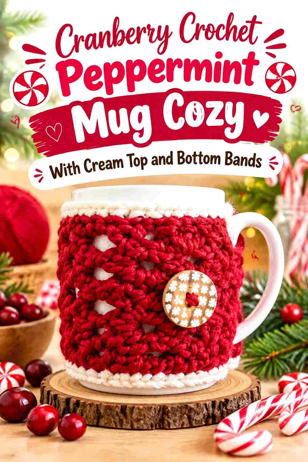 14. Cranberry Crochet Peppermint Mug Cozy With Cream Top And Bottom Bands