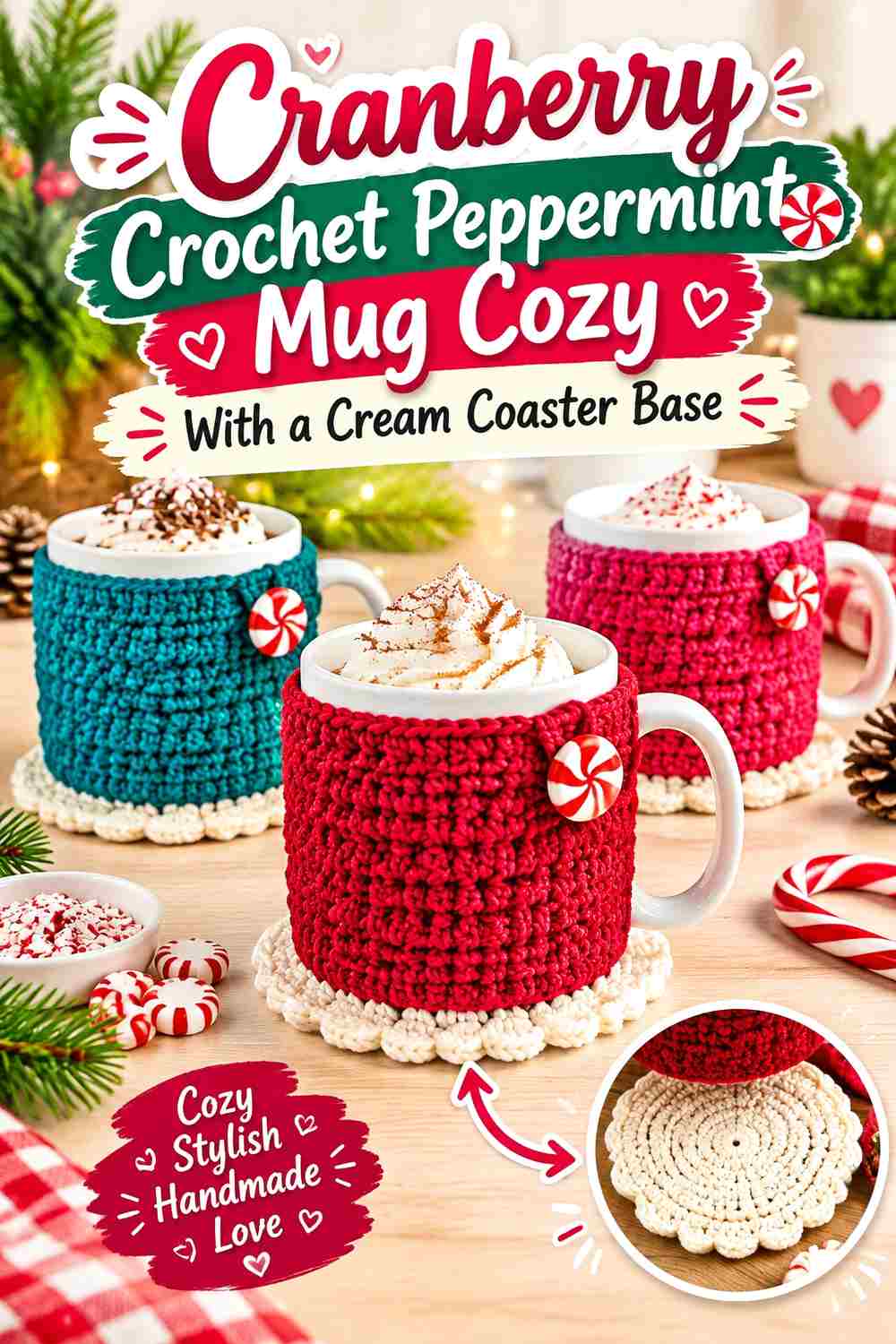 3. Cranberry Crochet Peppermint Mug Cozy With A Cream Coaster Base