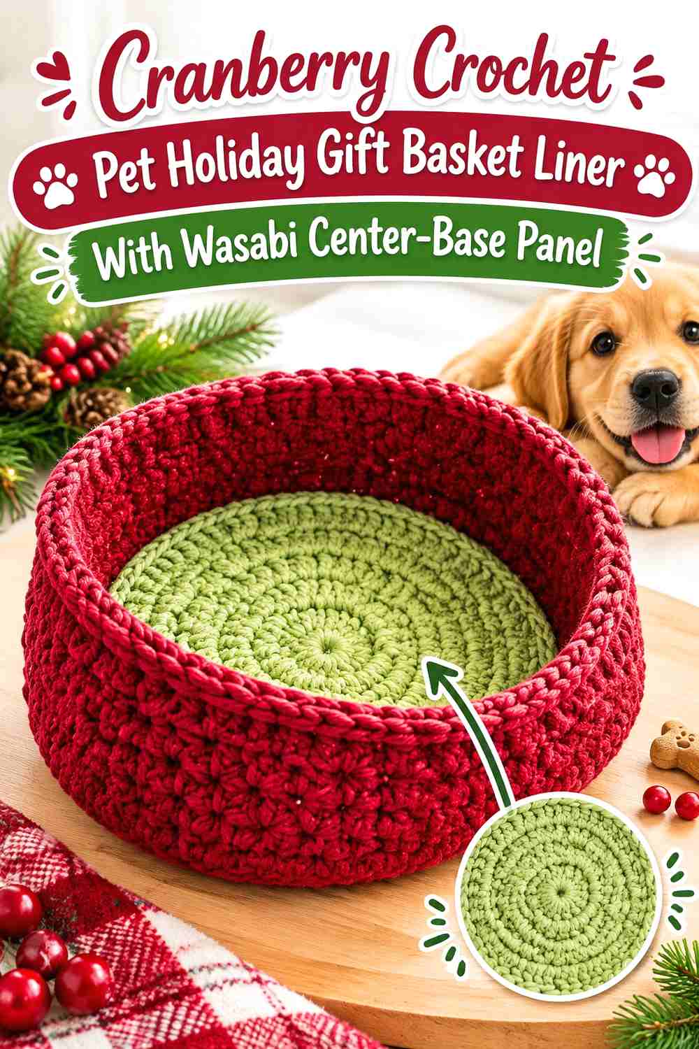 Cranberry Crochet Pet Holiday Gift Basket Liner With Wasabi Center-Base Panel