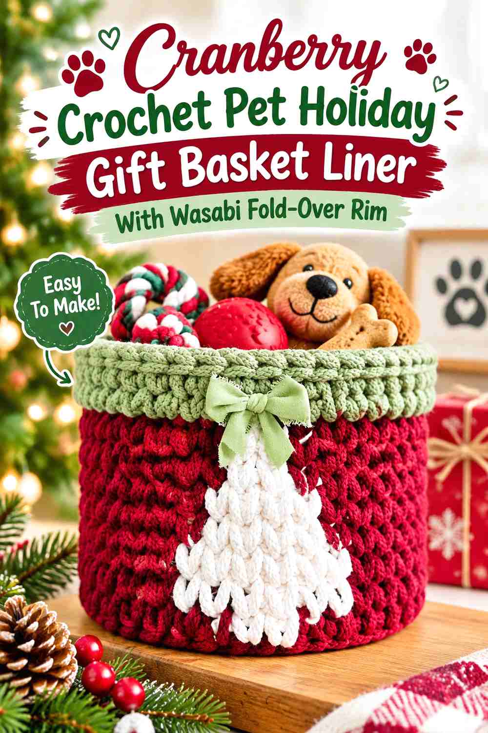 Cranberry Crochet Pet Holiday Gift Basket Liner With Wasabi Fold-Over Rim