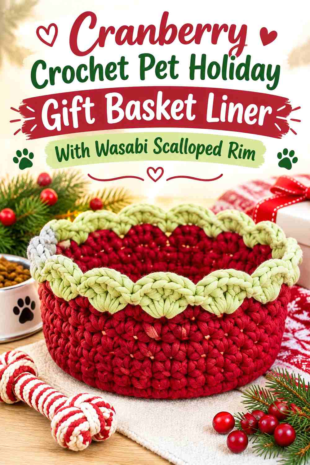 Cranberry Crochet Pet Holiday Gift Basket Liner With Wasabi Scalloped Rim