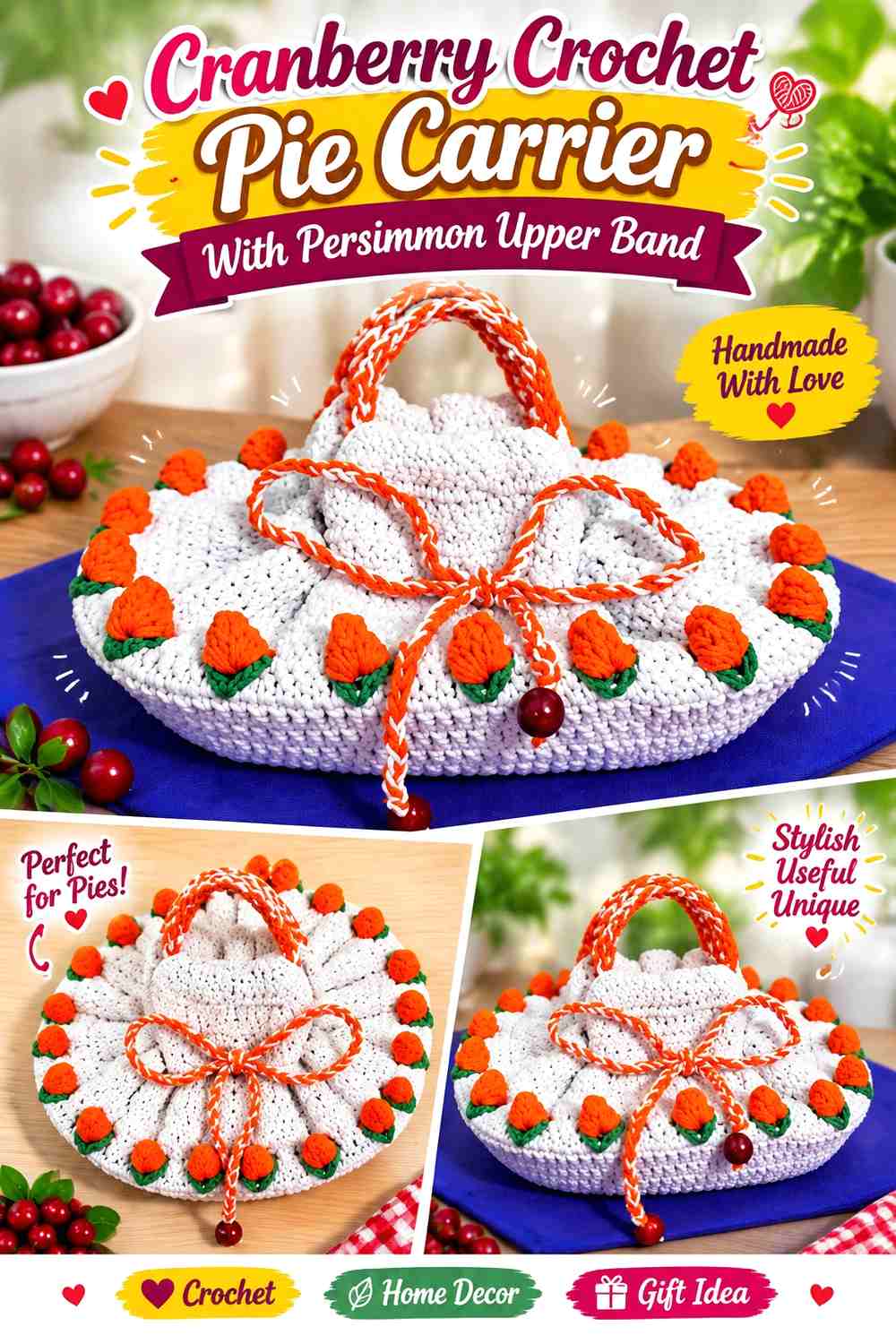6. Cranberry Crochet Pie Carrier With Persimmon Upper Band