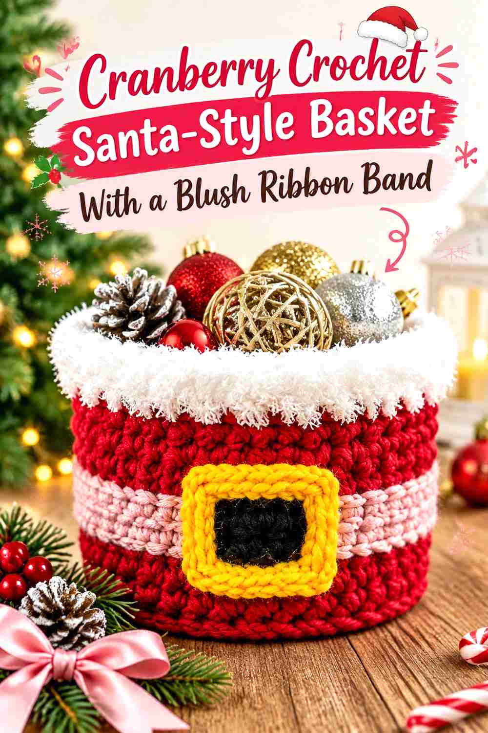 3. Cranberry Crochet Santa Style Basket With A Blush Ribbon Band