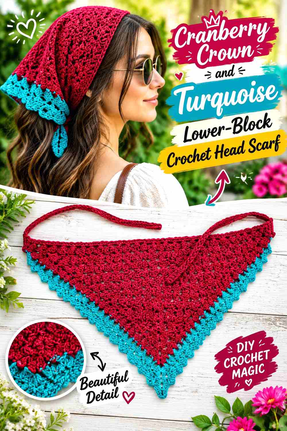 2. Cranberry Crown And Turquoise Lower Block Crochet Head Scarf
