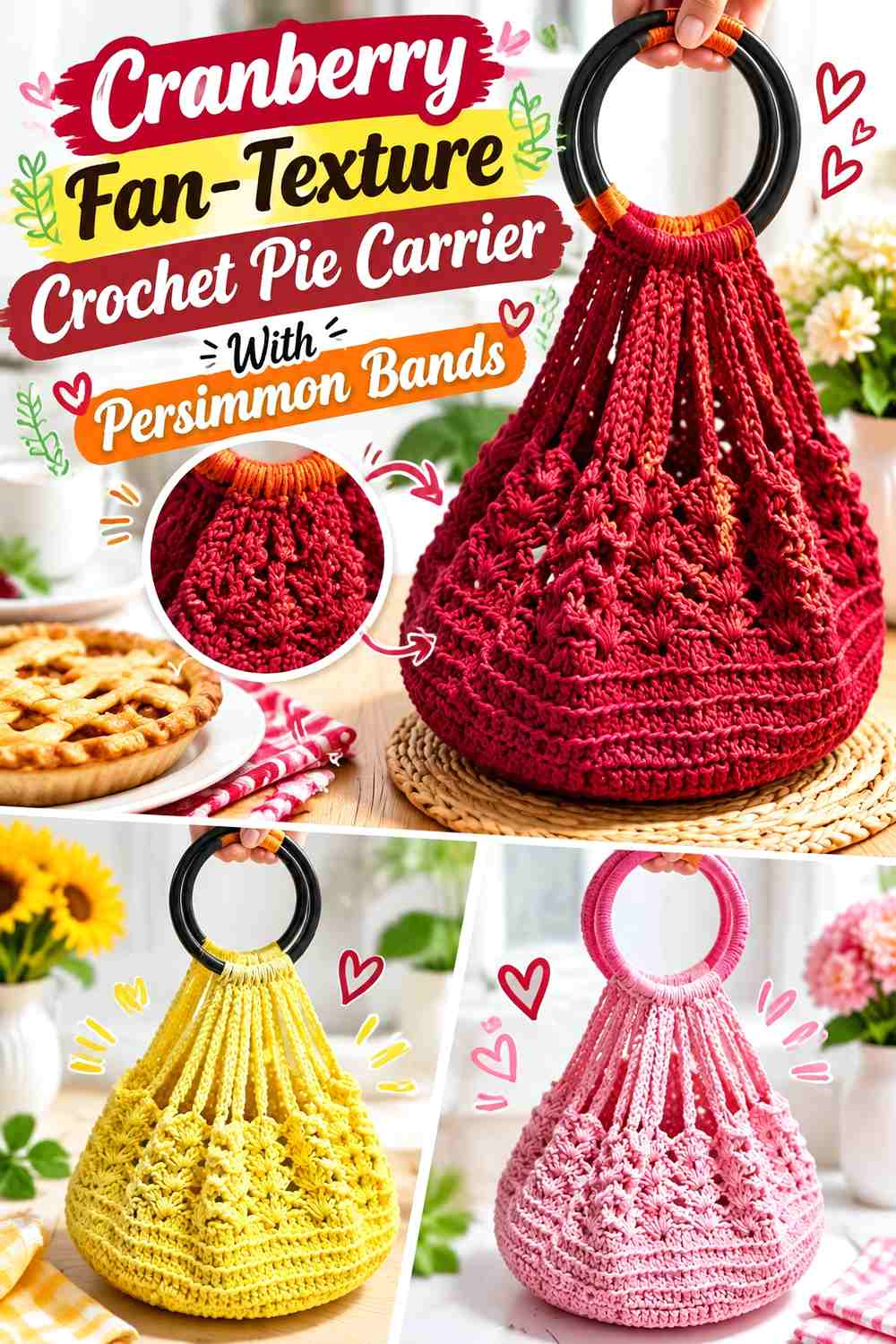 11. Cranberry Fan Texture Crochet Pie Carrier With Persimmon Bands