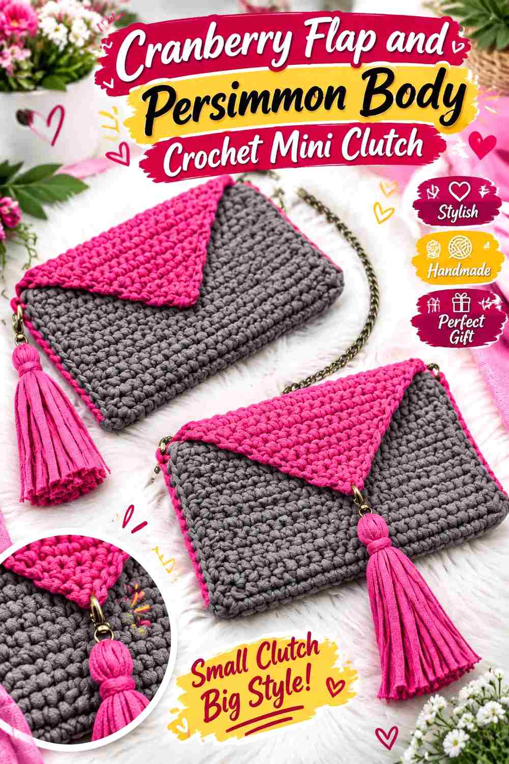 14. Cranberry Flap And Persimmon Body Crochet Mini Clutch