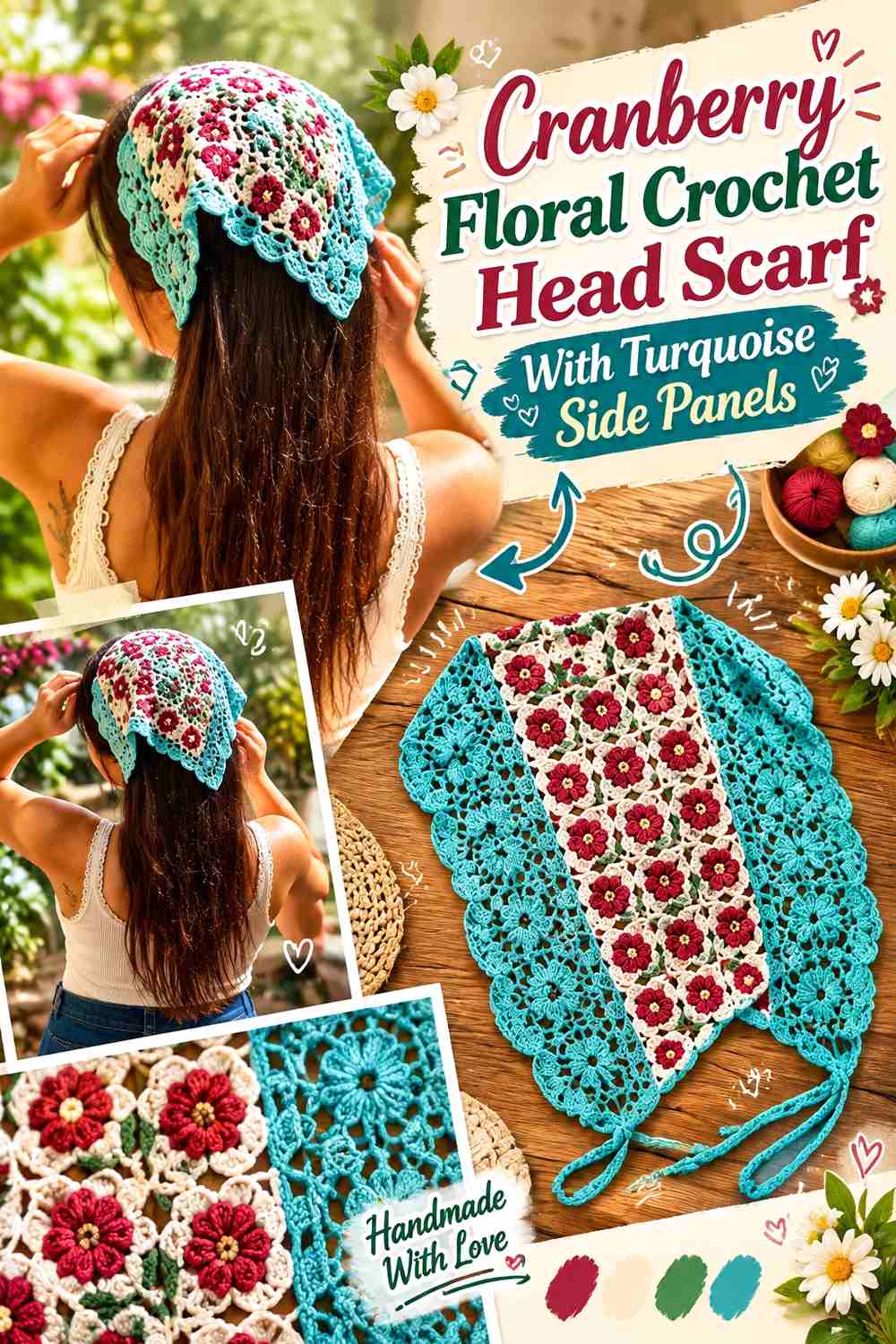 14. Cranberry Floral Crochet Head Scarf With Turquoise Side Panels