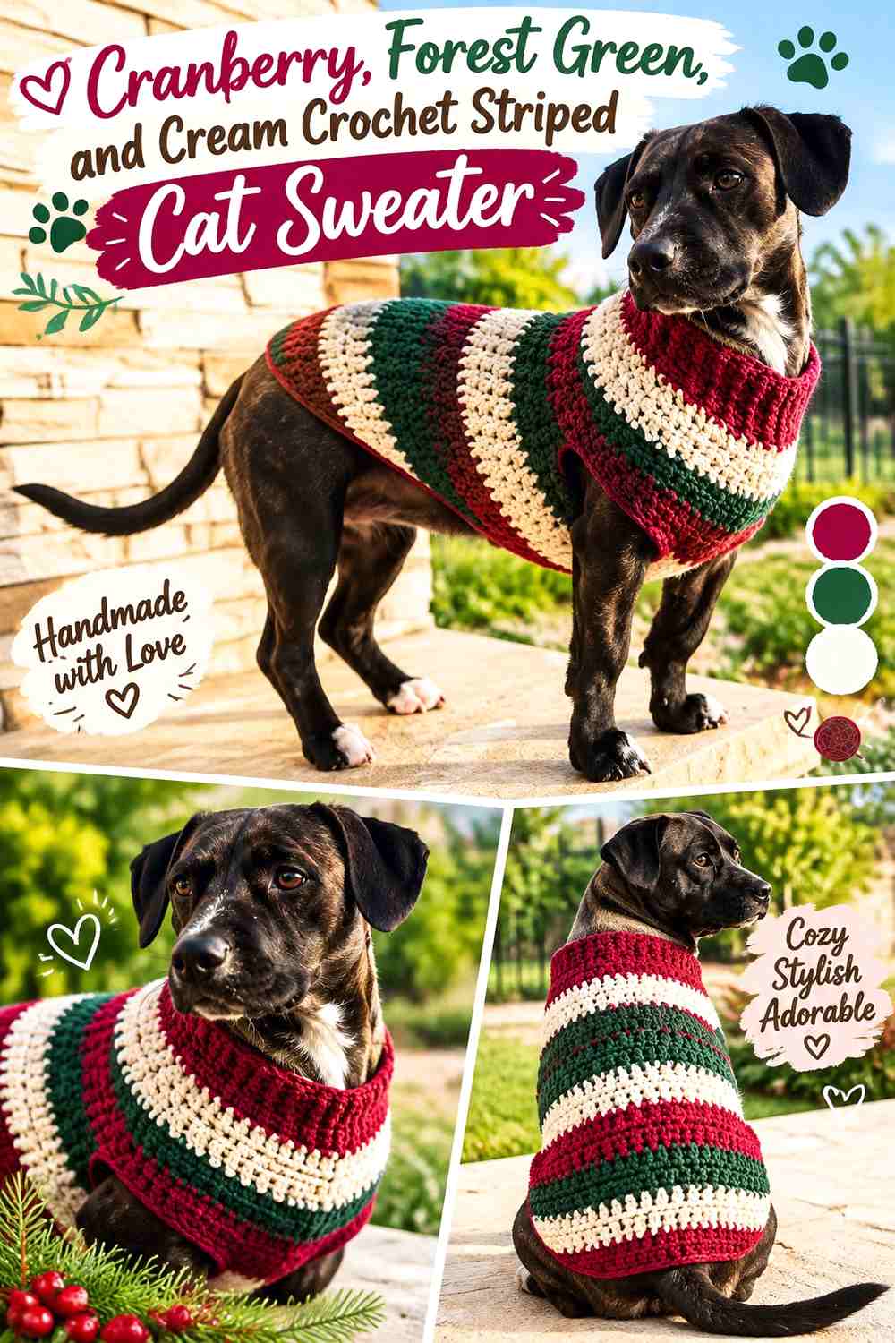 Cranberry, Forest Green, and Cream Crochet Striped Cat Sweater