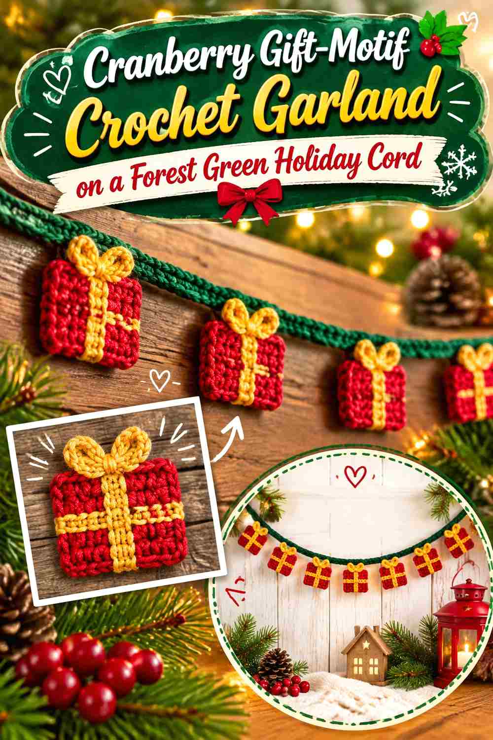 19. Cranberry Gift Motif Crochet Garland On A Forest Green Holiday Cord