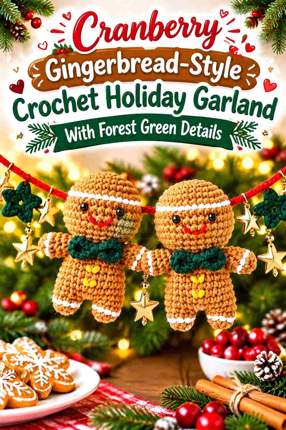 9. Cranberry Gingerbread Style Crochet Holiday Garland With Forest Green Details