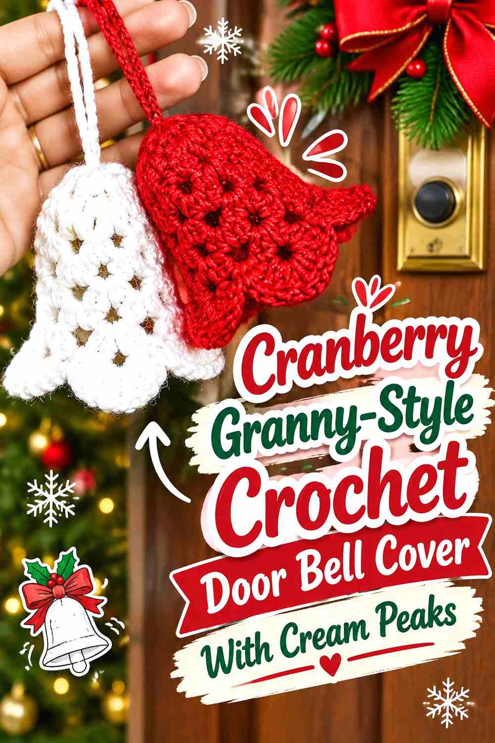 12. Cranberry Granny Style Crochet Door Bell Cover With Cream Peaks
