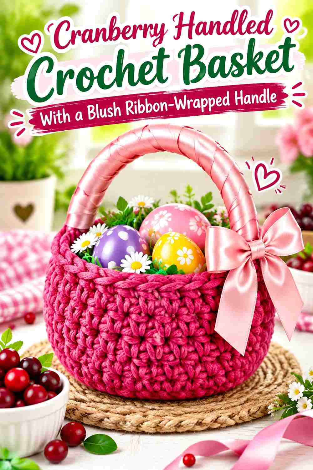 8. Cranberry Handled Crochet Basket With A Blush Ribbon Wrapped Handle