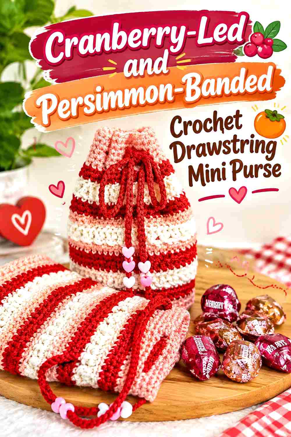 6. Cranberry Led And Persimmon Banded Crochet Drawstring Mini Purse